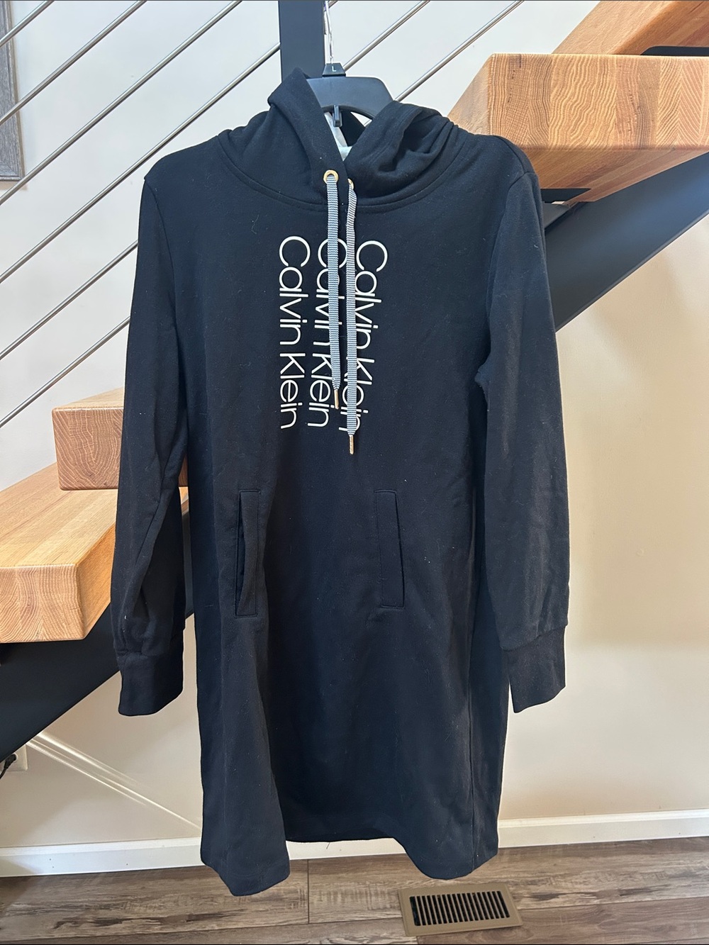 Calvin Klein Black Hoodie Dress with Vertical White Logo A033